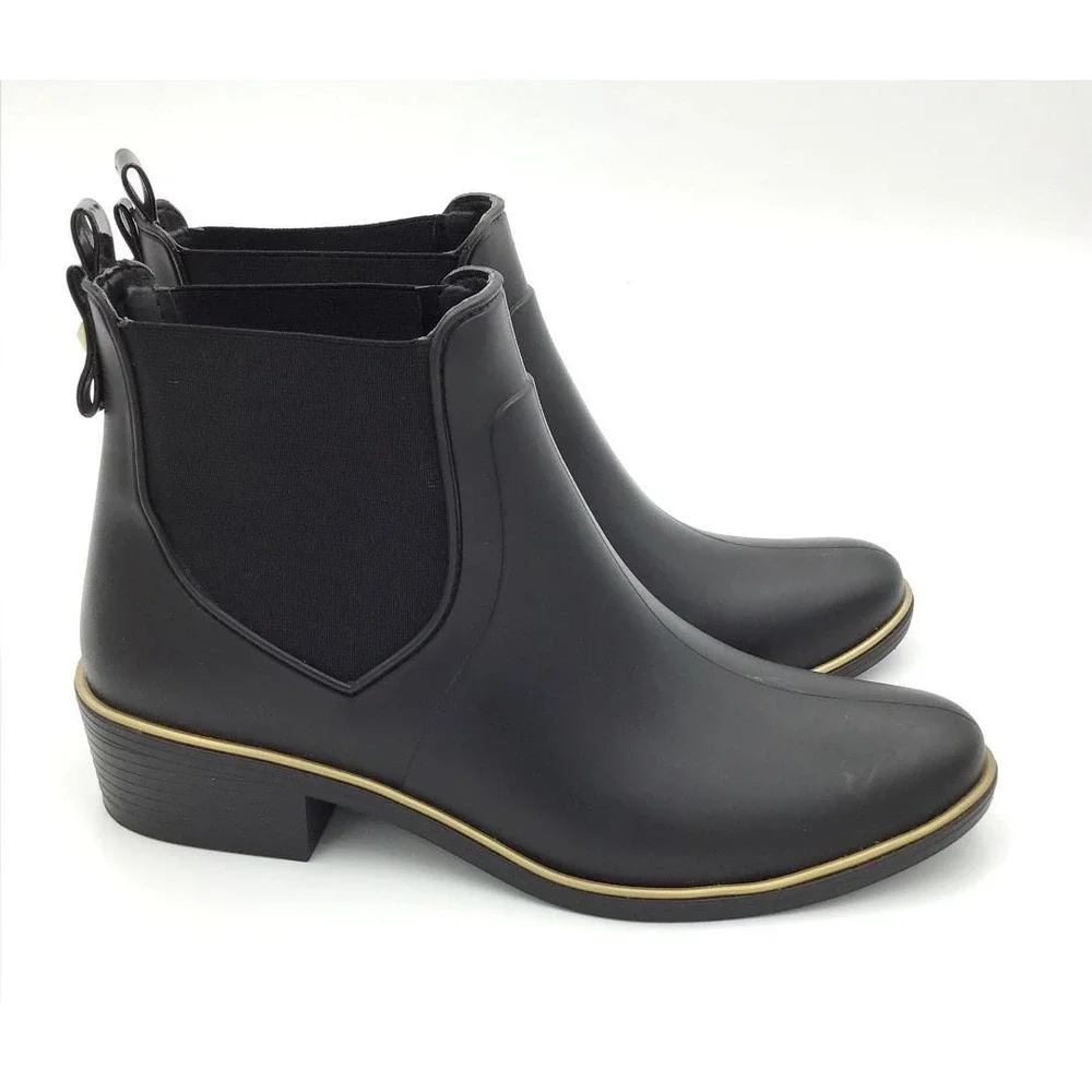 Kate Spade New York Black Rubber Chelsea Rain Boots Gold Trim Sz 10 Capsule Wear